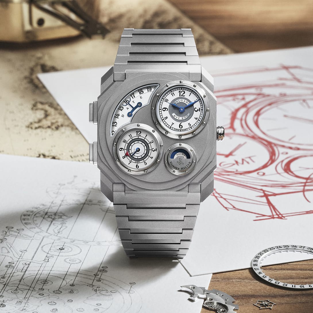 Titanium Bvlgari Octo Finissimo Dual Time x Vianney Halter with four displays, photographed over design sketches