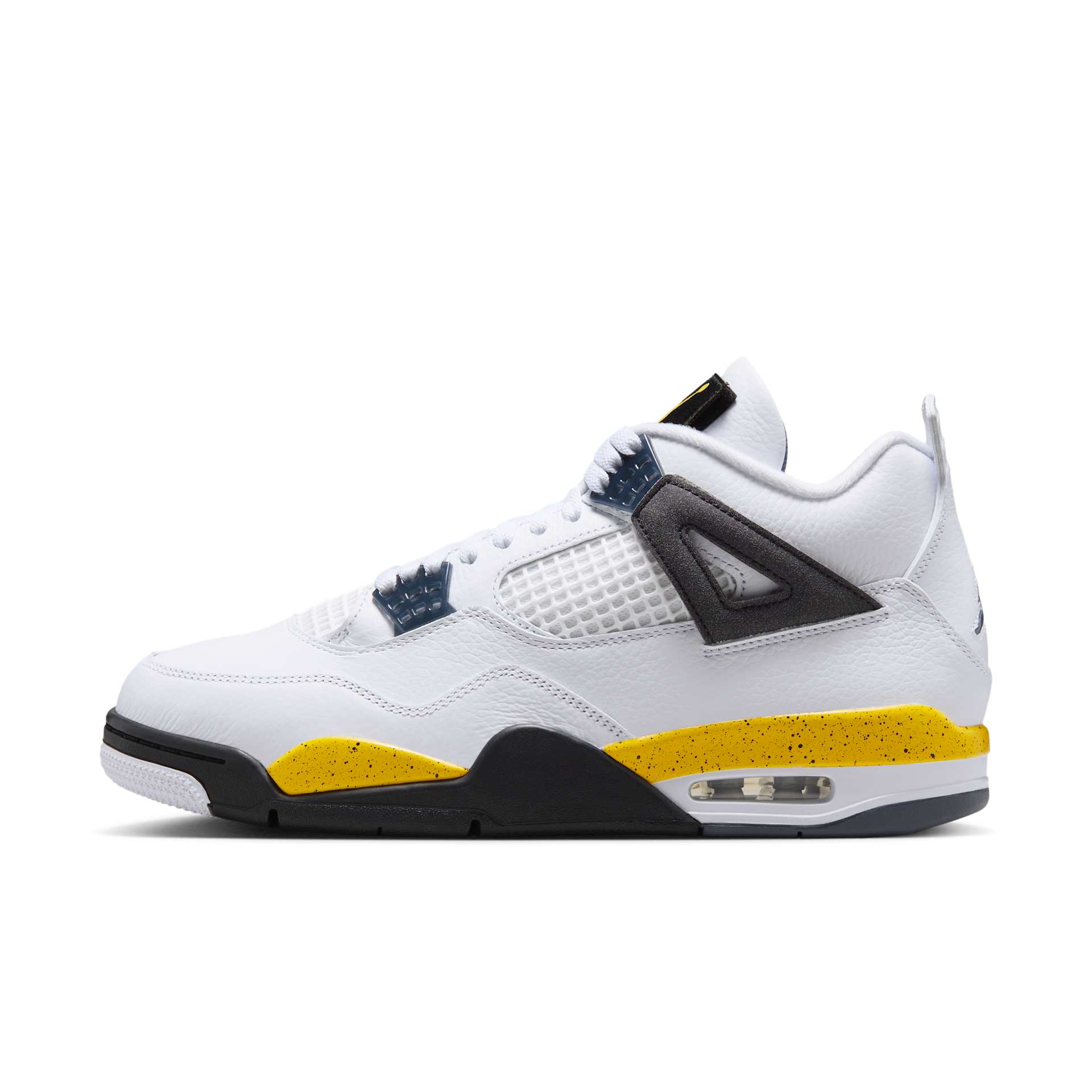 Full side profile of the Air Jordan 4 Tour Yellow showing the complete speckled midsole