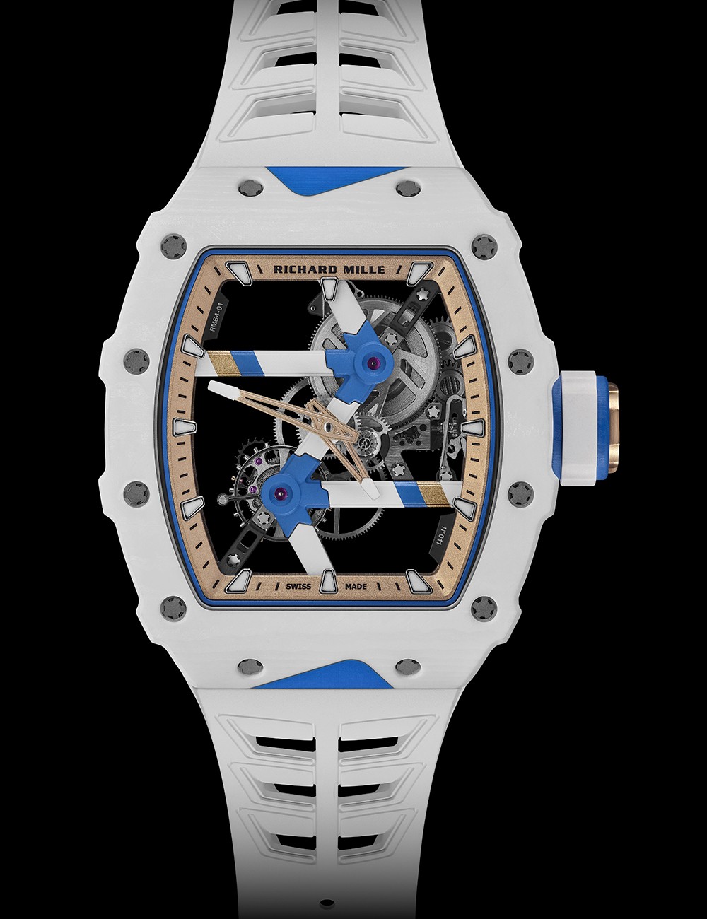 Front view of Richard Mille RM 64-01 Tourbillon Colnago, showing its white case and blue frame-inspired bridges