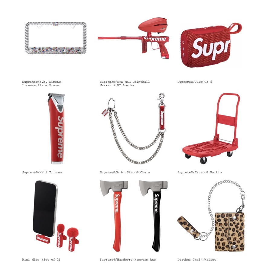 Supreme accessories preview showing JBL Go 5 speaker, Wahl trimmer, b.b. Simon chain and leather chain wallet