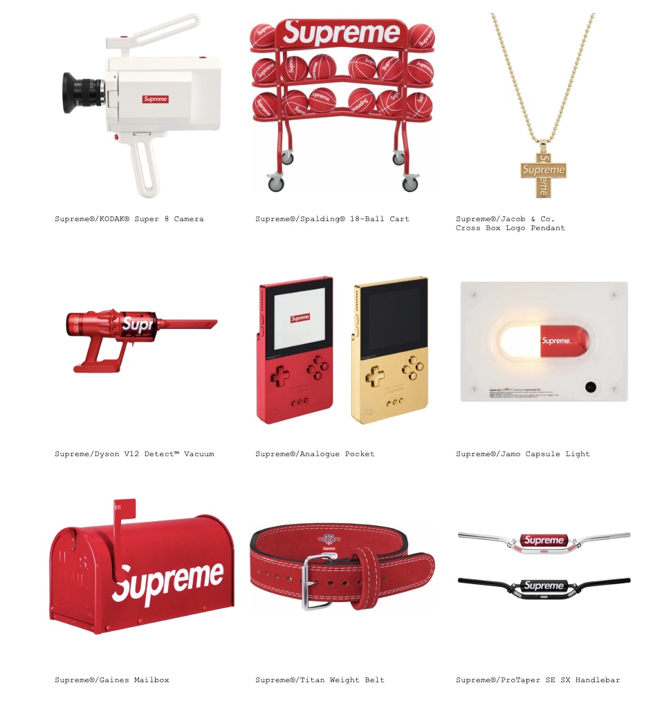 Supreme fall accessories including Kodak Super 8 camera, Spalding basketball cart, Dyson vacuum, Analogue Pocket and mailbox