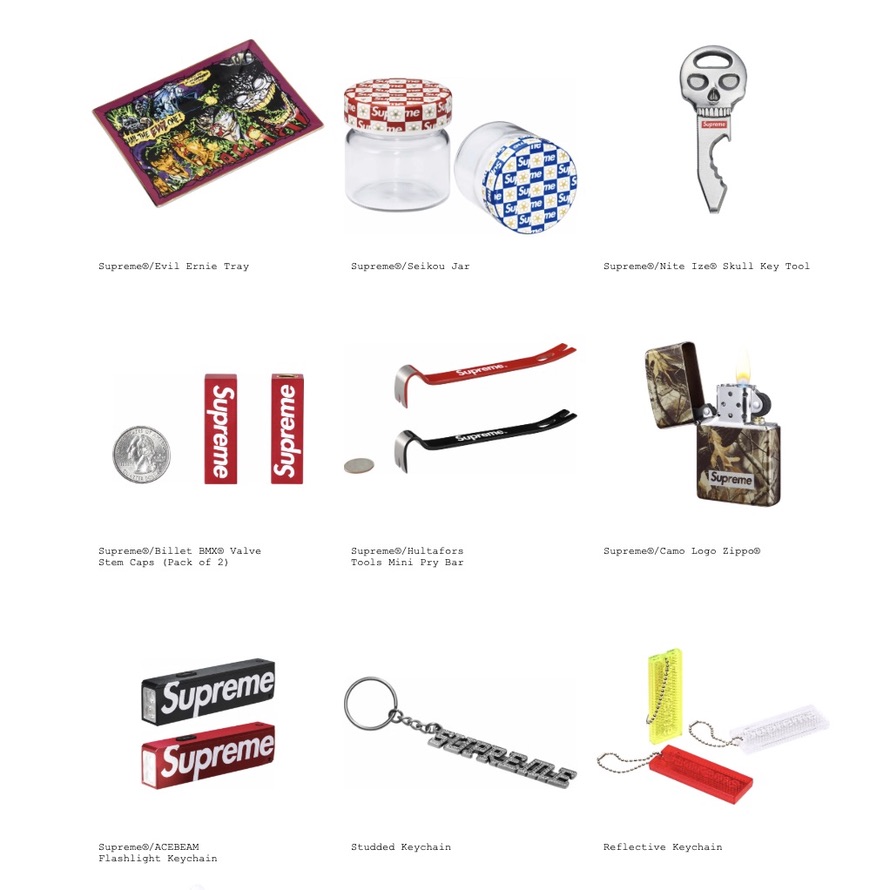Supreme accessories preview including Evil Ernie tray, Seikou jar, Nite Ize skull key tool and several keychains
