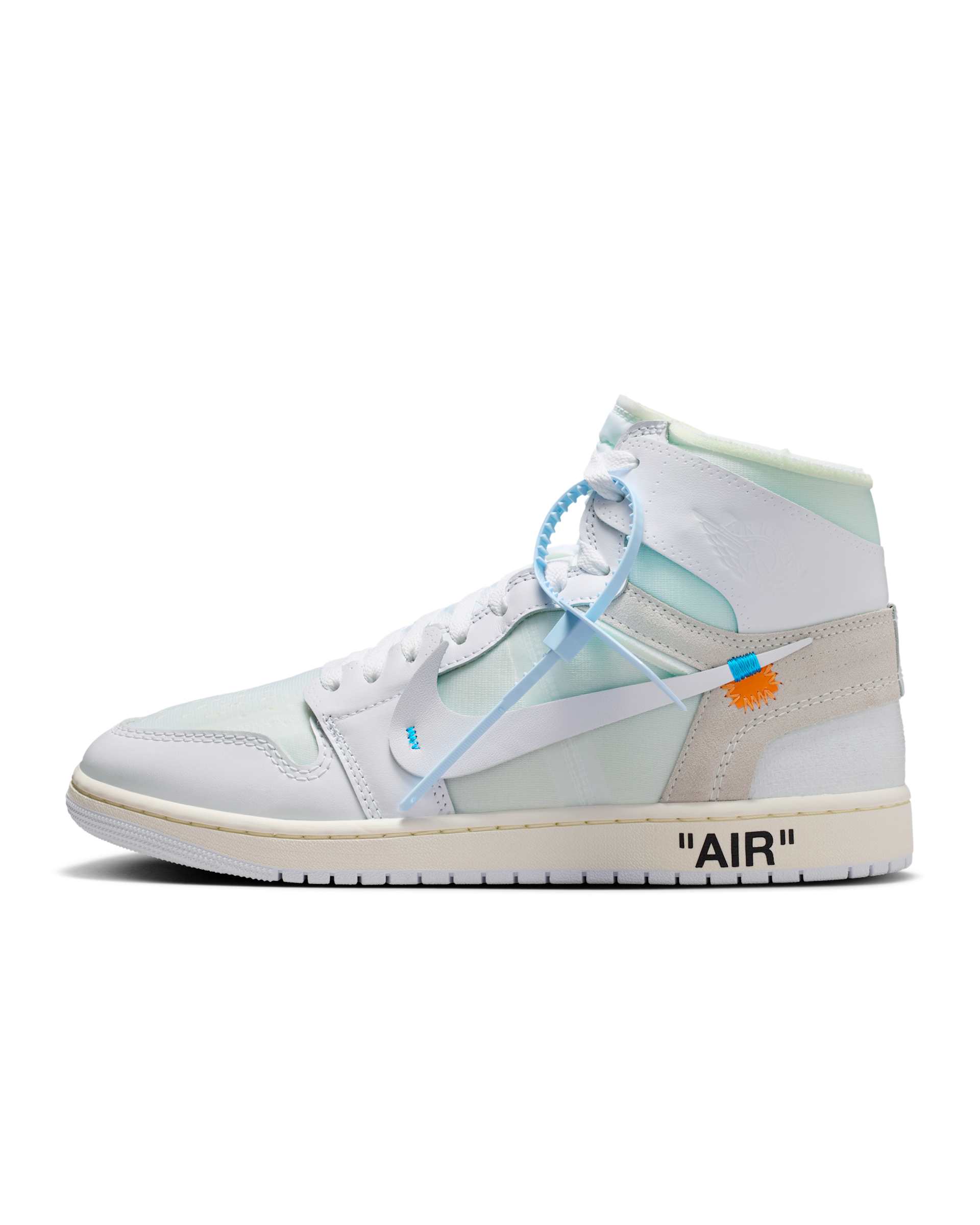 Full side view of the V.A.A. Alaska Air Jordan 1, with blue zip tie and orange accent